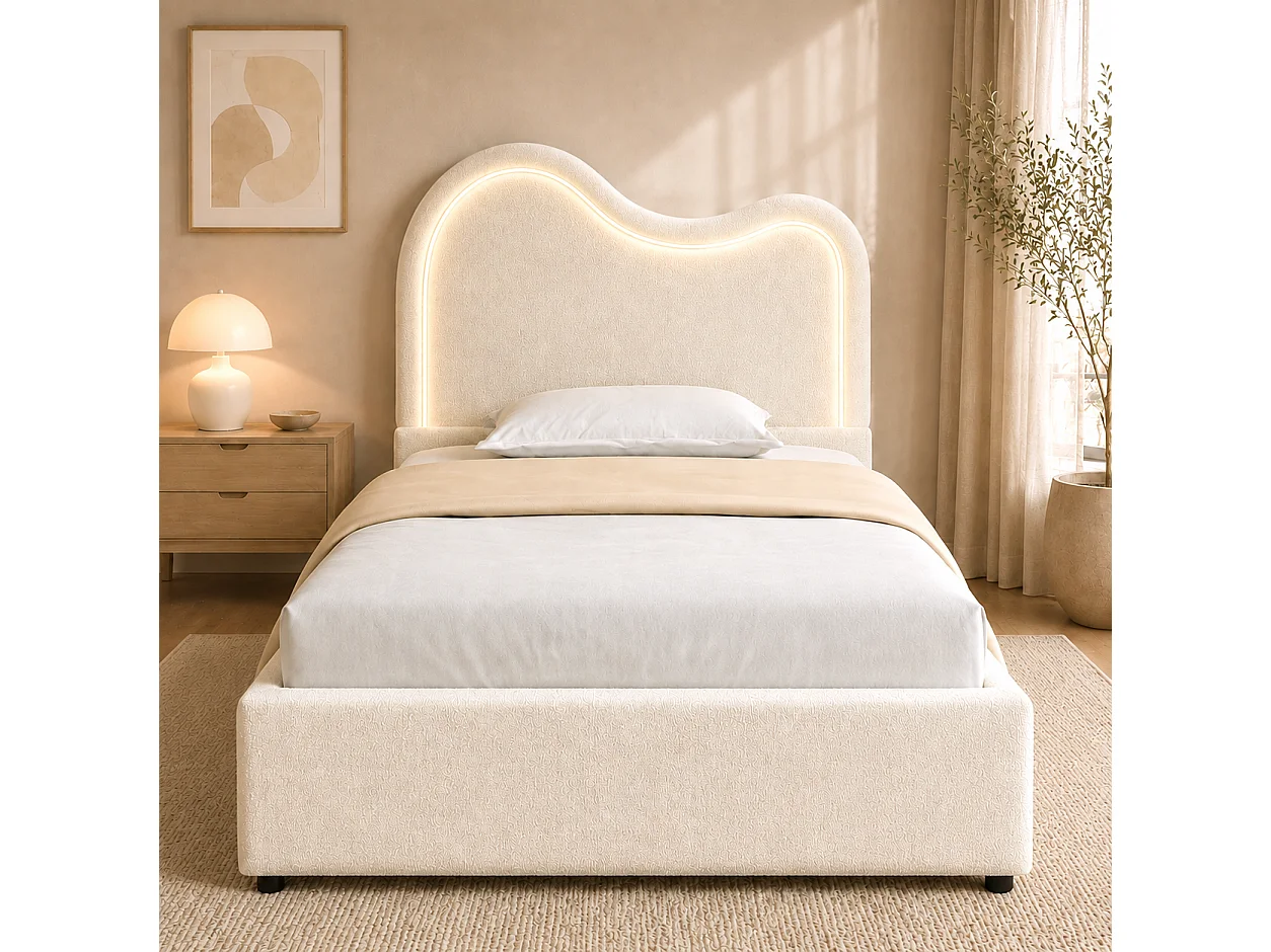 Children's upholstered storage bed 90x200 cm - With slatted base and headboard - Large storage - Bouclé fabric - White (without mattress)