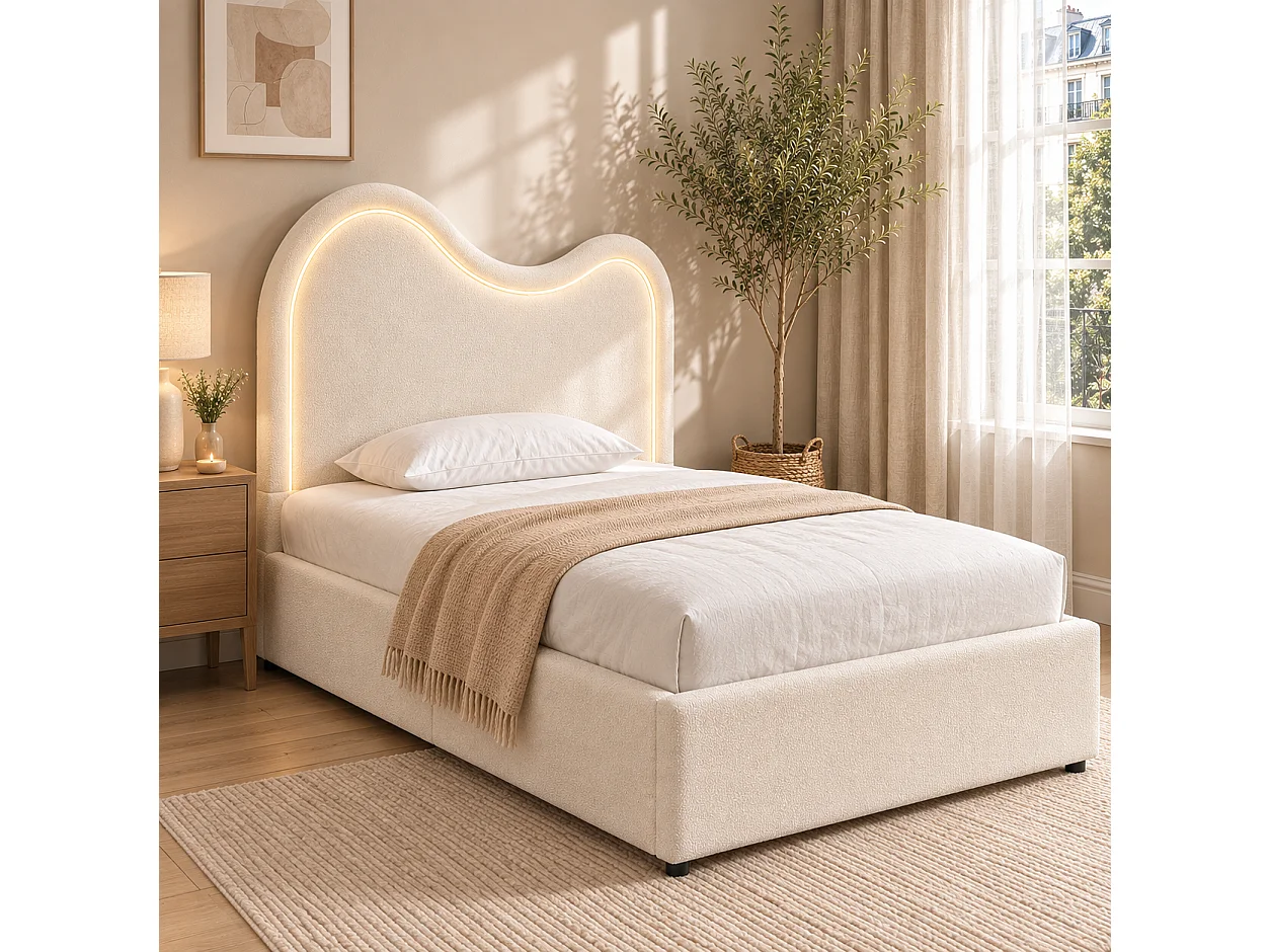 Children's upholstered storage bed 90x200 cm - With slatted base and headboard - Large storage - Bouclé fabric - White (without mattress)
