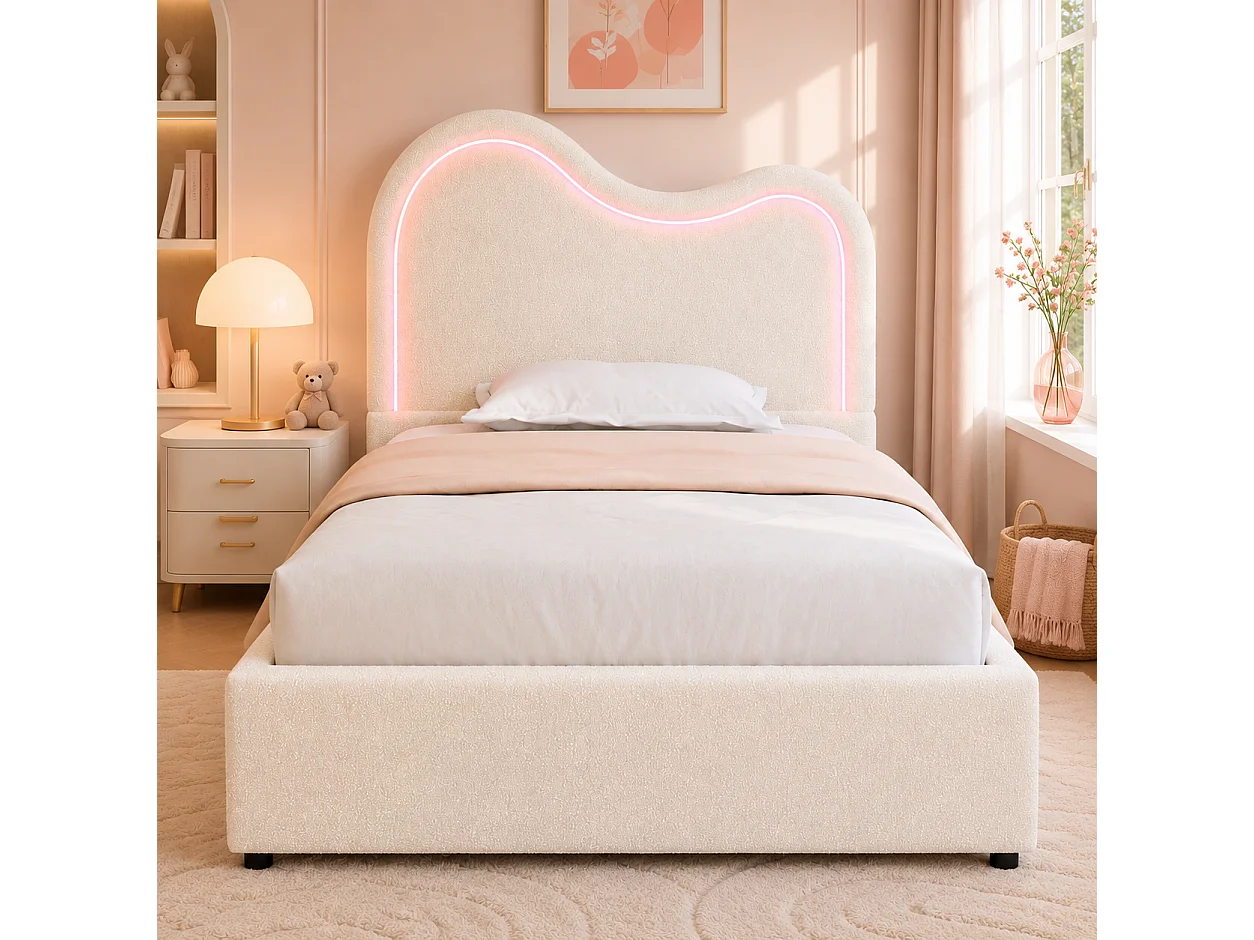 Children's upholstered storage bed 90x200 cm - With slatted base and headboard - Large storage - Bouclé fabric - White (without mattress)