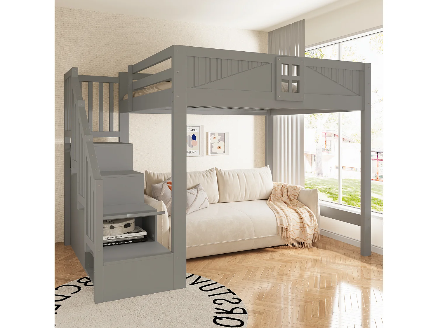 Lettino a soppalco in legno massello 140 x 200 cm - con barriere di sicurezza - con scala contenitore - grigio (materasso non incluso)