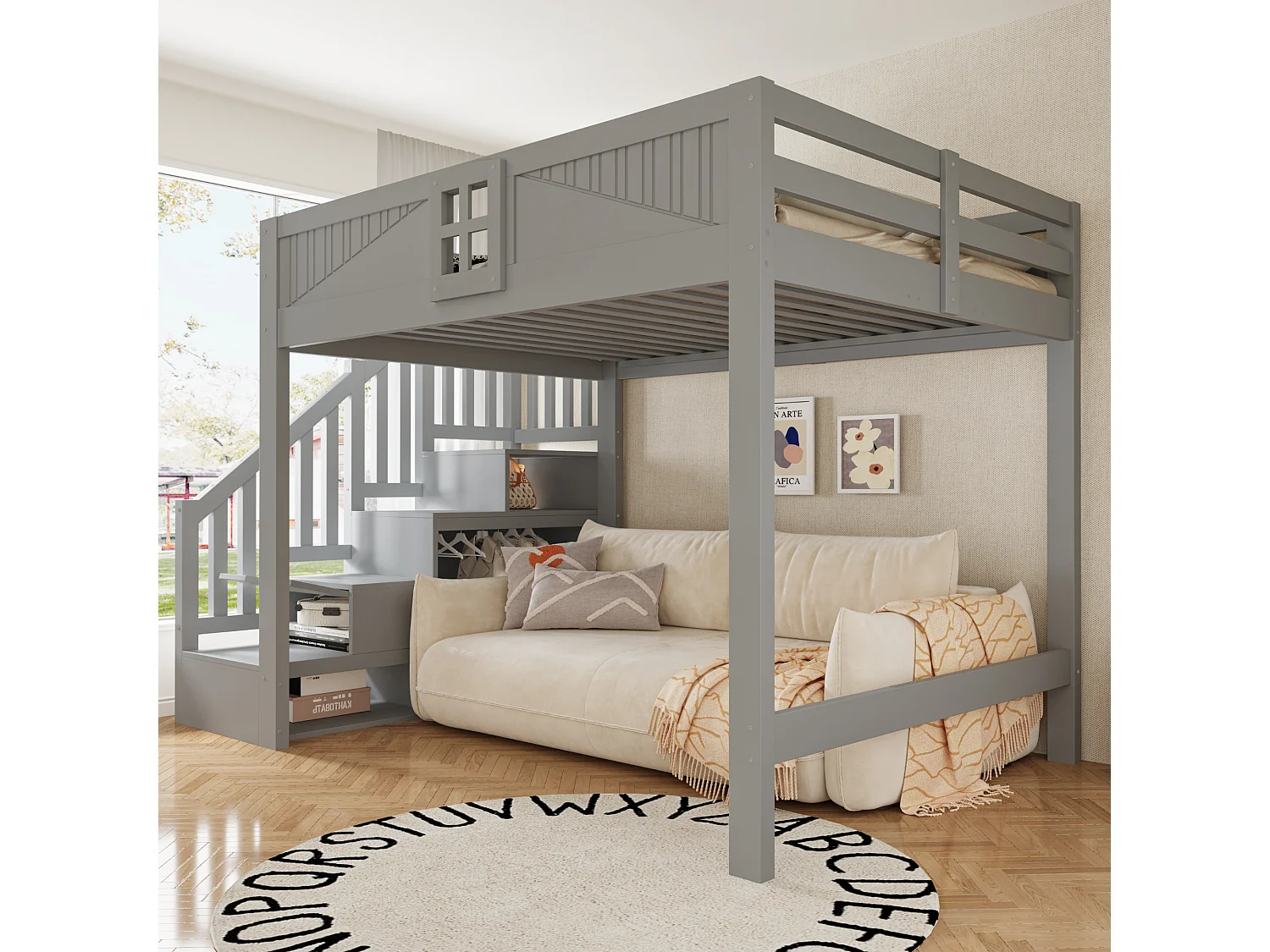 Lettino a soppalco in legno massello 140 x 200 cm - con barriere di sicurezza - con scala contenitore - grigio (materasso non incluso)