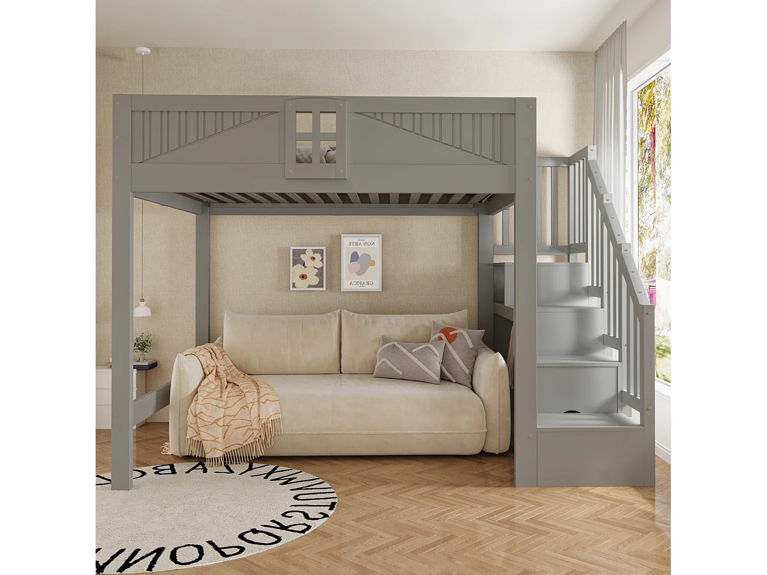 Lettino a soppalco in legno massello 140 x 200 cm - con barriere di sicurezza - con scala contenitore - grigio (materasso non incluso)