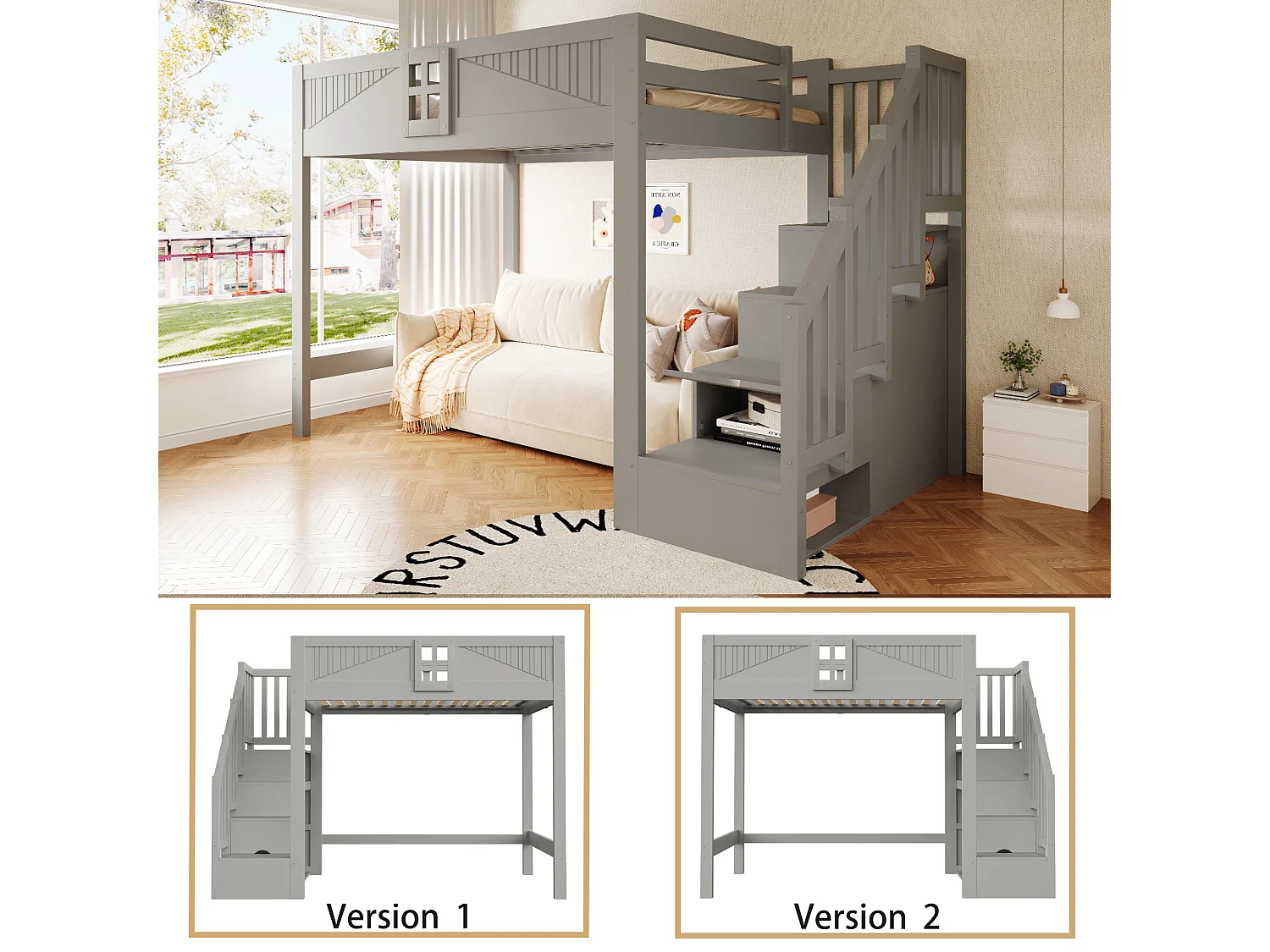 Lettino a soppalco in legno massello 140 x 200 cm - con barriere di sicurezza - con scala contenitore - grigio (materasso non incluso)