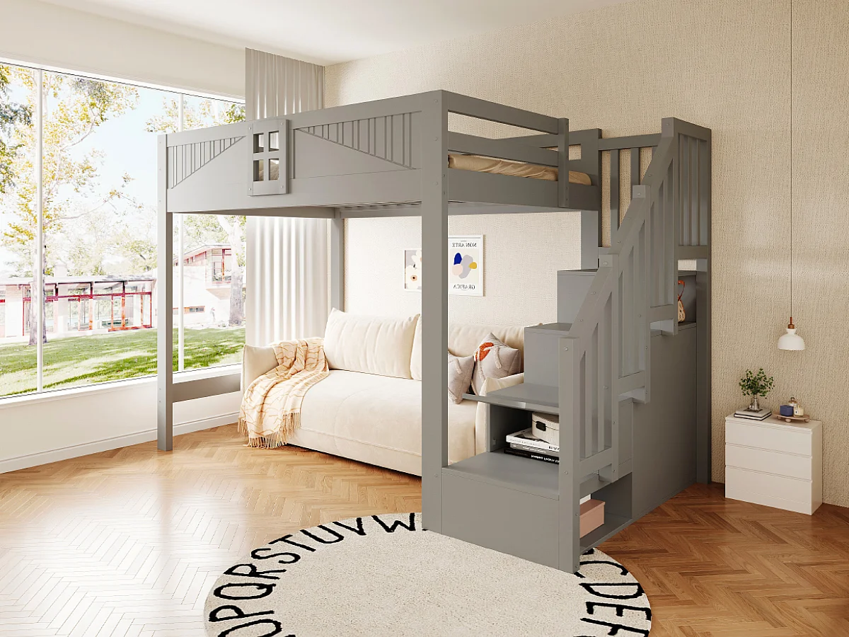 Lettino a soppalco in legno massello 140 x 200 cm - con barriere di sicurezza - con scala contenitore - grigio (materasso non incluso)