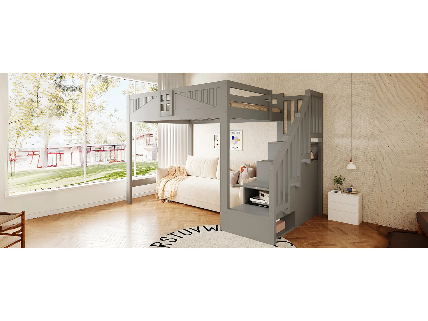 Lettino a soppalco in legno massello 140 x 200 cm - con barriere di sicurezza - con scala contenitore - grigio (materasso non incluso)