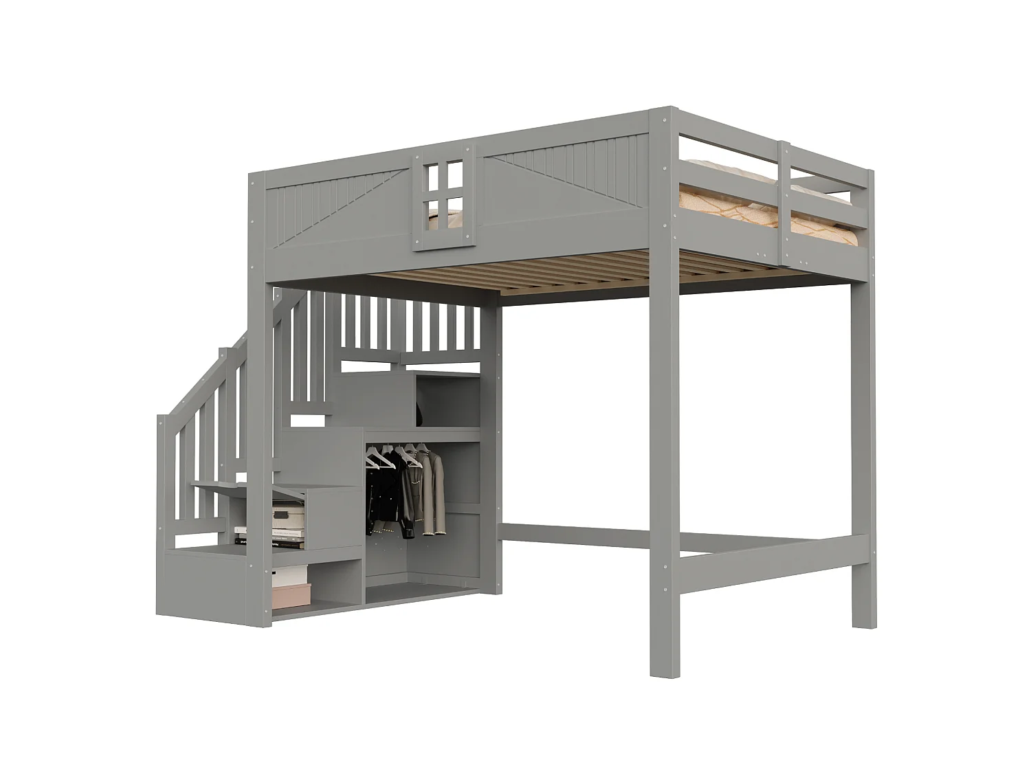 Lettino a soppalco in legno massello 140 x 200 cm - con barriere di sicurezza - con scala contenitore - grigio (materasso non incluso)