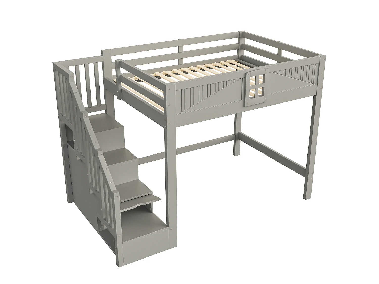 Lettino a soppalco in legno massello 140 x 200 cm - con barriere di sicurezza - con scala contenitore - grigio (materasso non incluso)