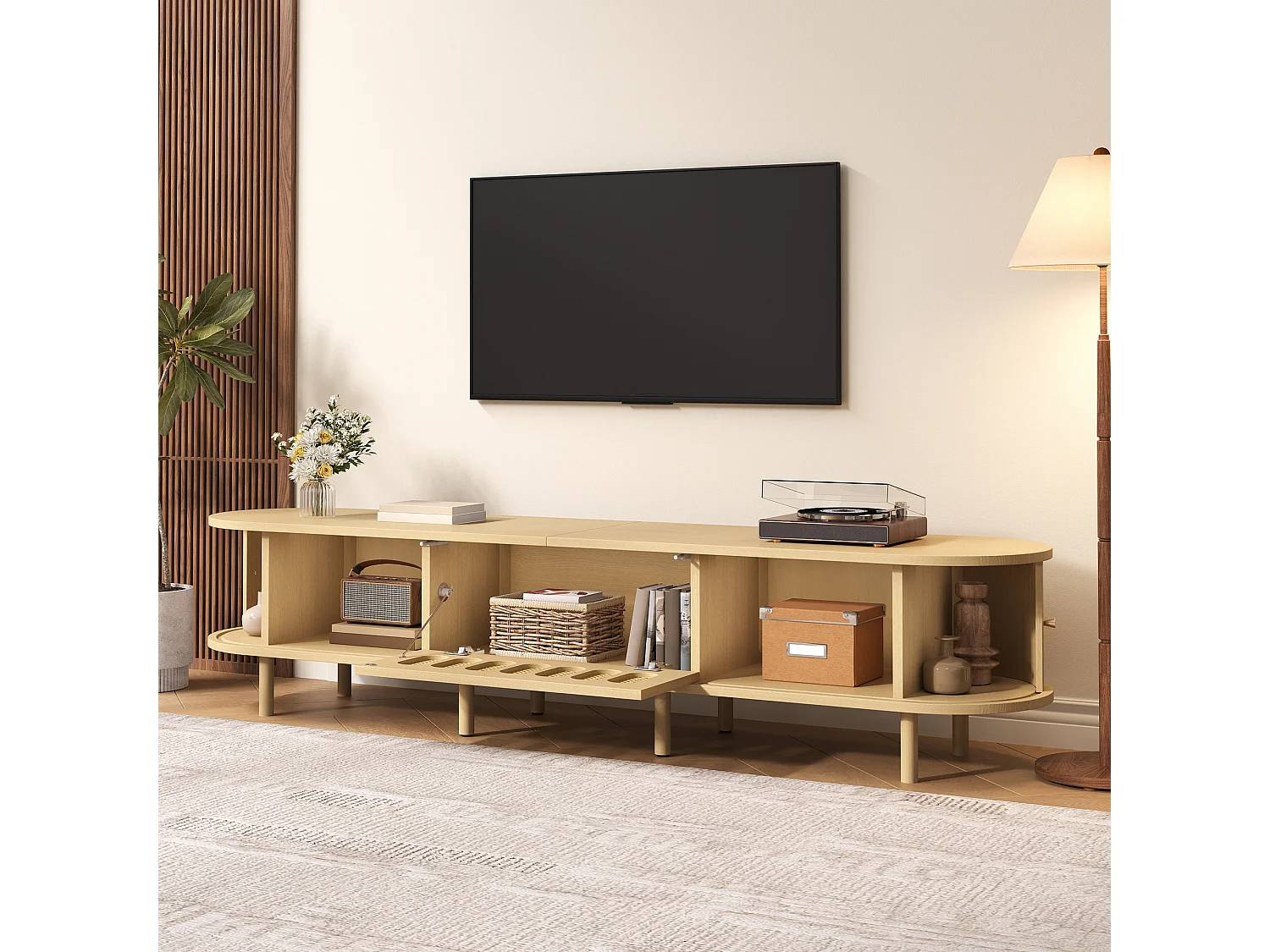 TV-Möbel 180 x 40 x 40 cm - Design aus geflochtenem Harz - 2 Rolltüren und 1 Klapptür - MDF - Natur