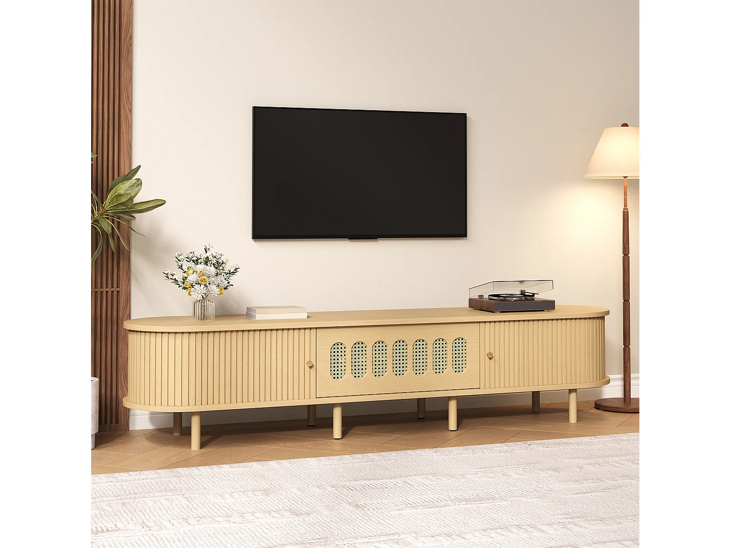 TV-Möbel 180 x 40 x 40 cm - Design aus geflochtenem Harz - 2 Rolltüren und 1 Klapptür - MDF - Natur