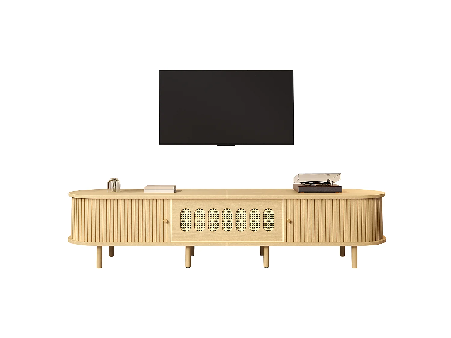 TV-Möbel 180 x 40 x 40 cm - Design aus geflochtenem Harz - 2 Rolltüren und 1 Klapptür - MDF - Natur