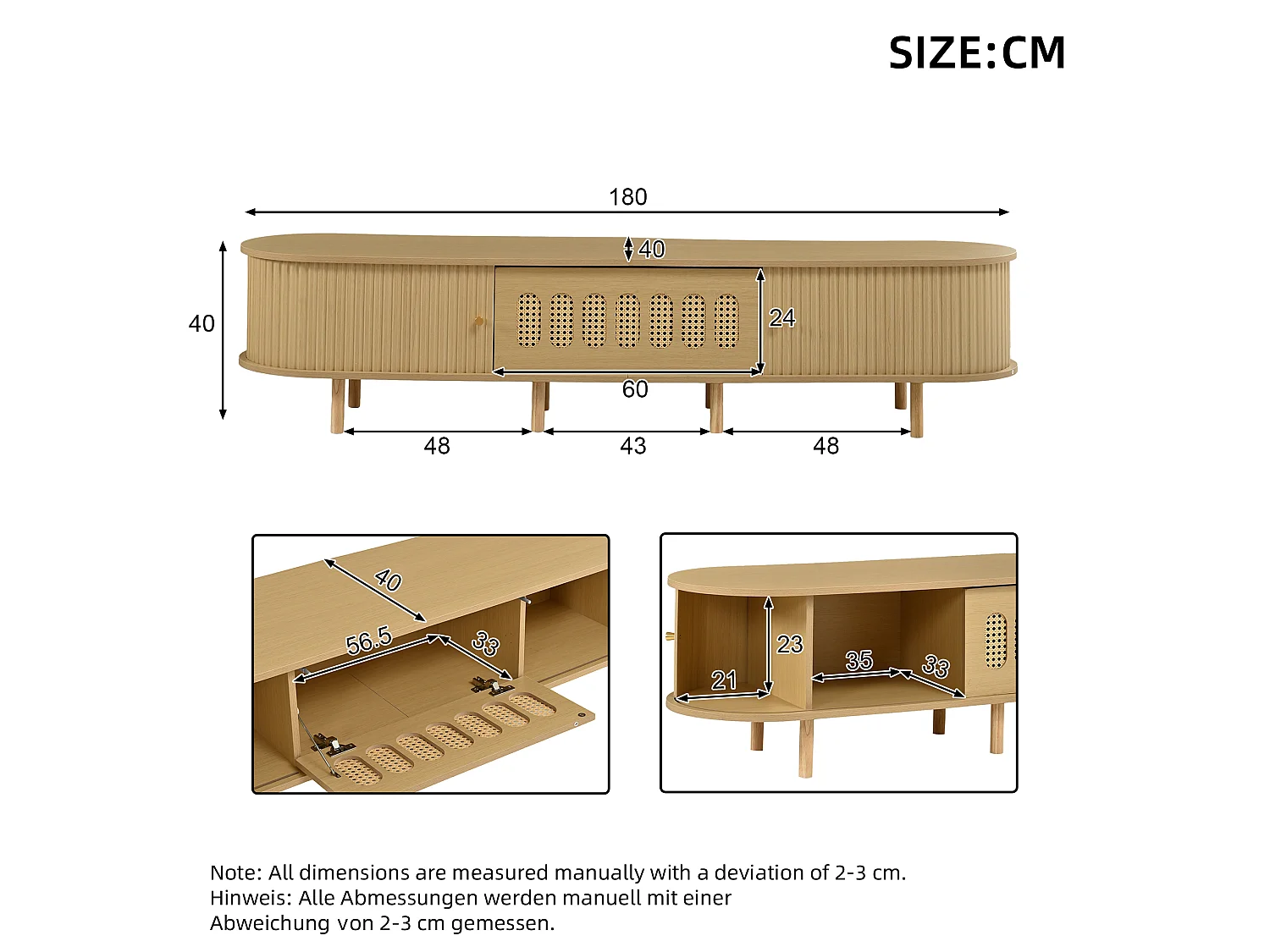 TV-Möbel 180 x 40 x 40 cm - Design aus geflochtenem Harz - 2 Rolltüren und 1 Klapptür - MDF - Natur