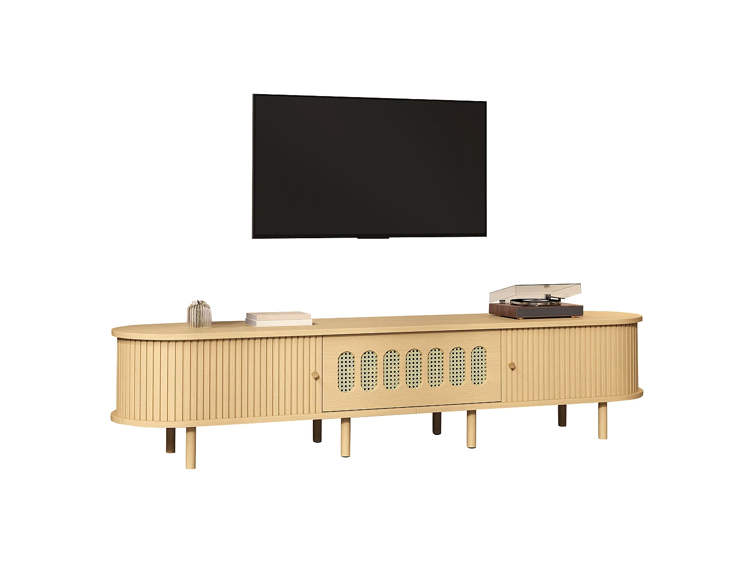 TV-Möbel 180 x 40 x 40 cm - Design aus geflochtenem Harz - 2 Rolltüren und 1 Klapptür - MDF - Natur