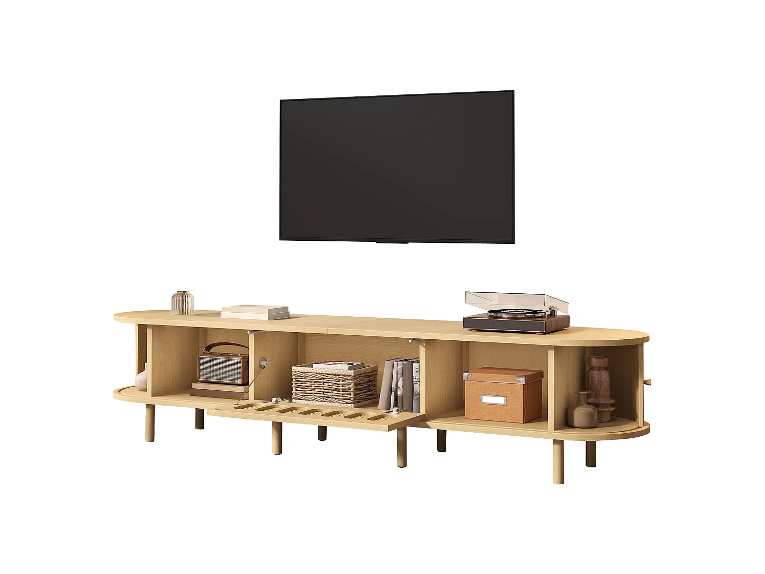 TV-Möbel 180 x 40 x 40 cm - Design aus geflochtenem Harz - 2 Rolltüren und 1 Klapptür - MDF - Natur