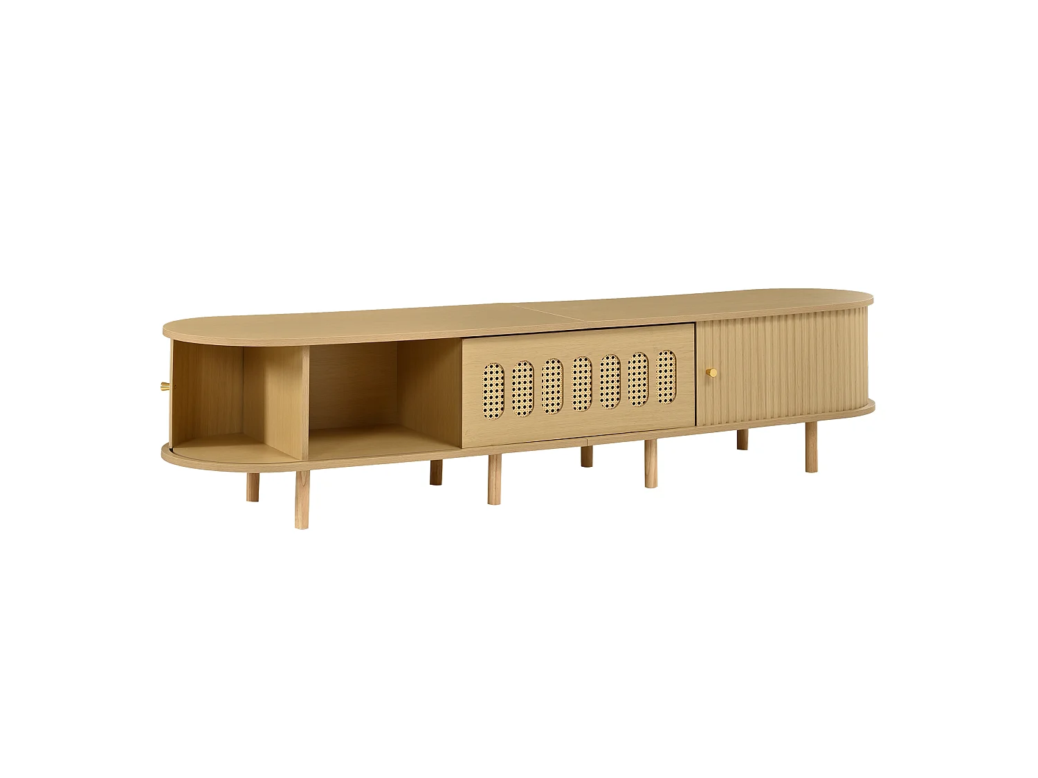 TV-Möbel 180 x 40 x 40 cm - Design aus geflochtenem Harz - 2 Rolltüren und 1 Klapptür - MDF - Natur