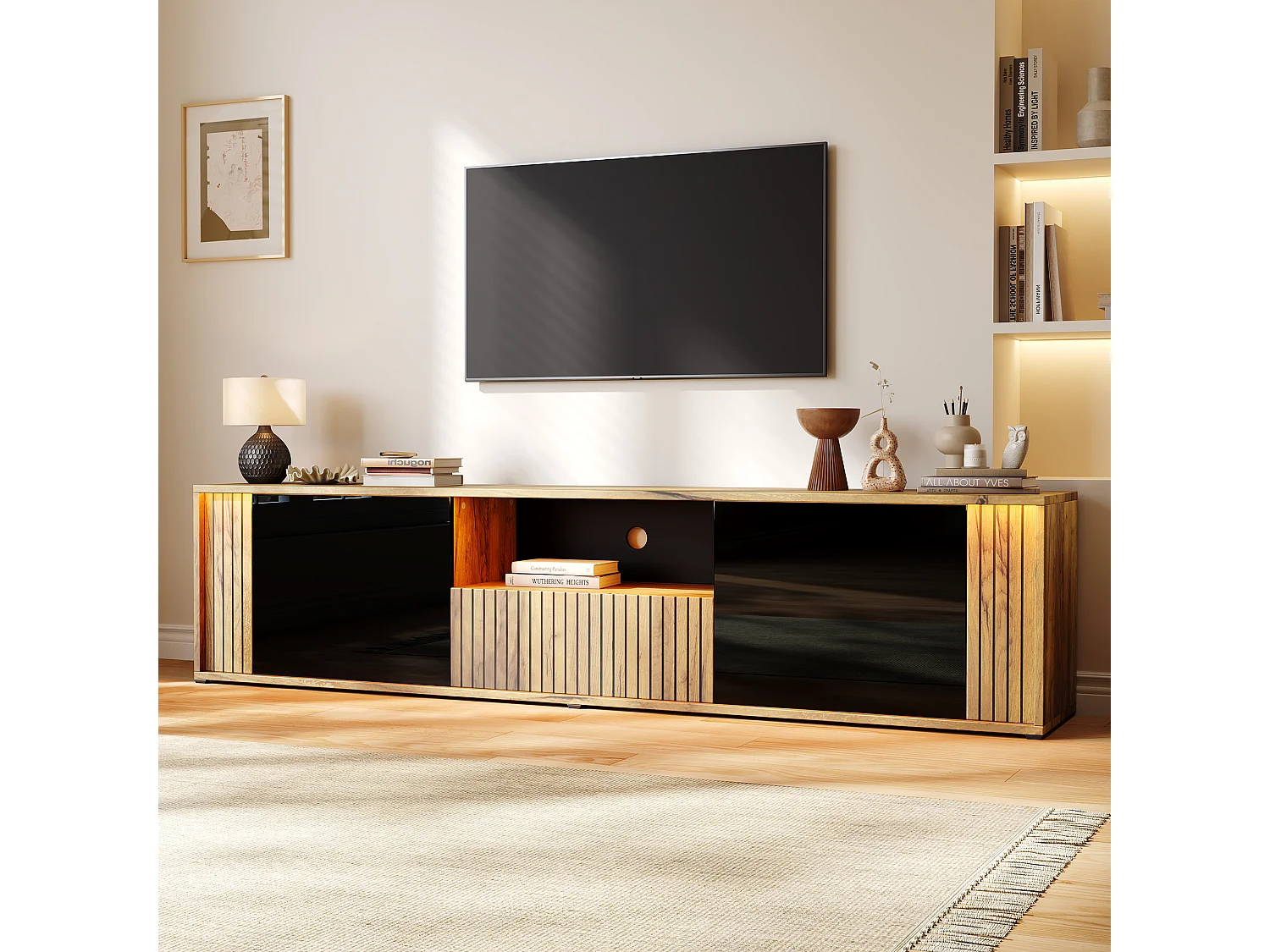 TV-möbel 180x40x51 cm - 2 dörrar och 1 låda - LED-belysning - Passar för TV upp till 75 tum - Svart + Natur