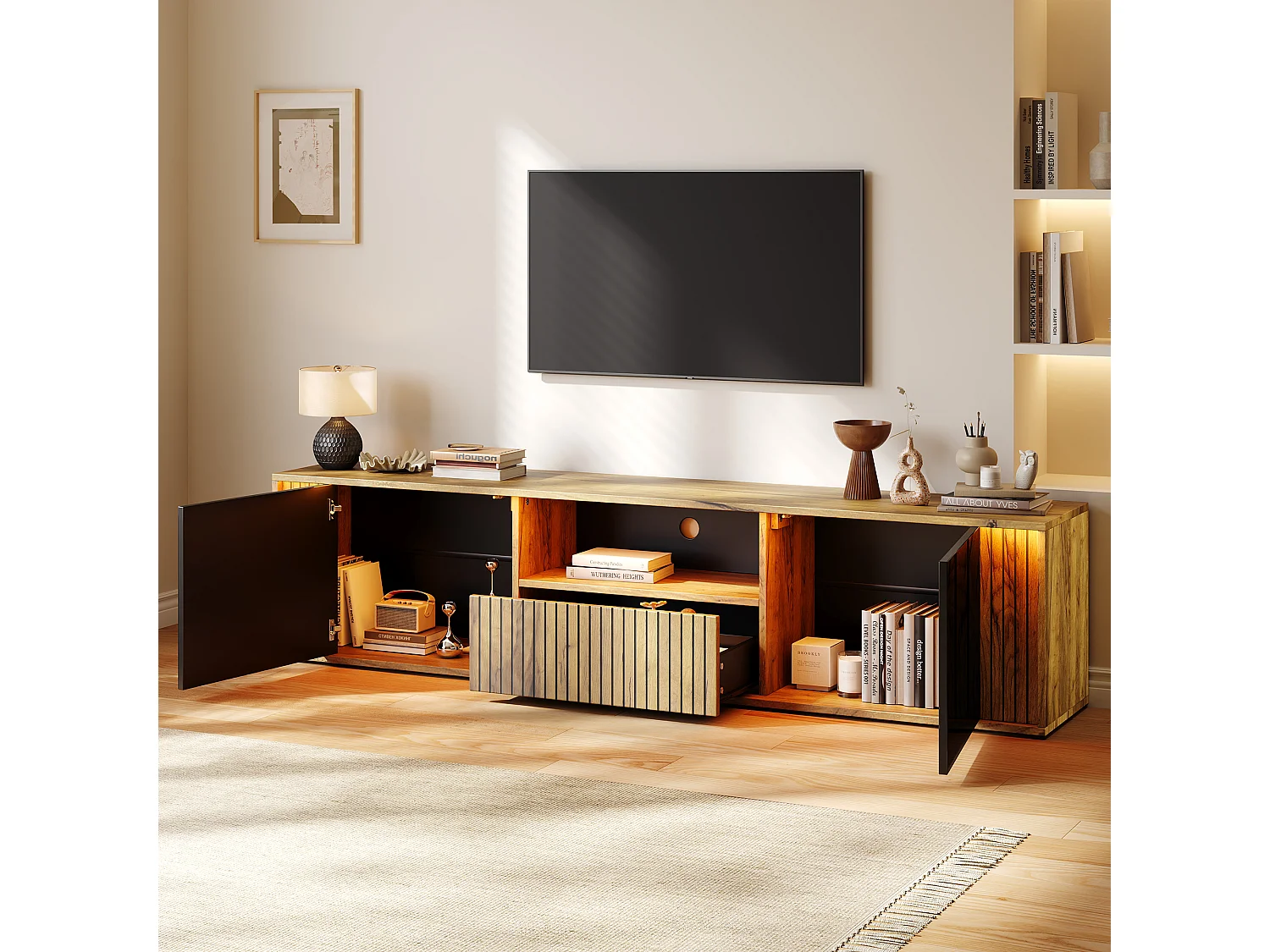 TV-möbel 180x40x51 cm - 2 dörrar och 1 låda - LED-belysning - Passar för TV upp till 75 tum - Svart + Natur
