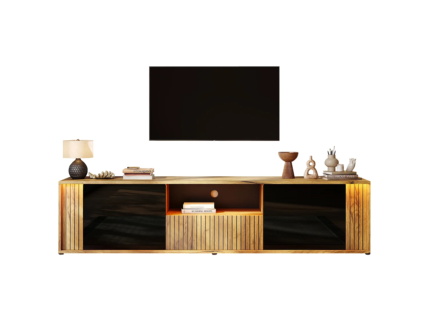 TV-möbel 180x40x51 cm - 2 dörrar och 1 låda - LED-belysning - Passar för TV upp till 75 tum - Svart + Natur