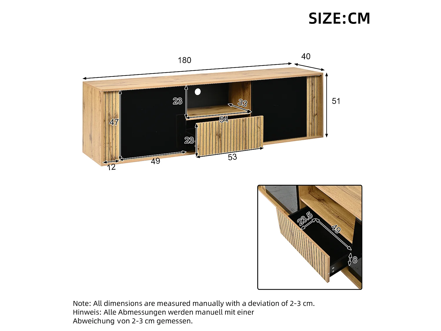 TV-möbel 180x40x51 cm - 2 dörrar och 1 låda - LED-belysning - Passar för TV upp till 75 tum - Svart + Natur