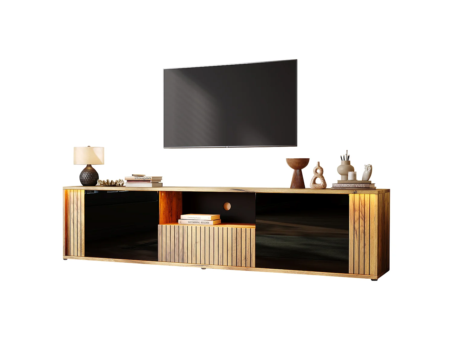 TV-möbel 180x40x51 cm - 2 dörrar och 1 låda - LED-belysning - Passar för TV upp till 75 tum - Svart + Natur