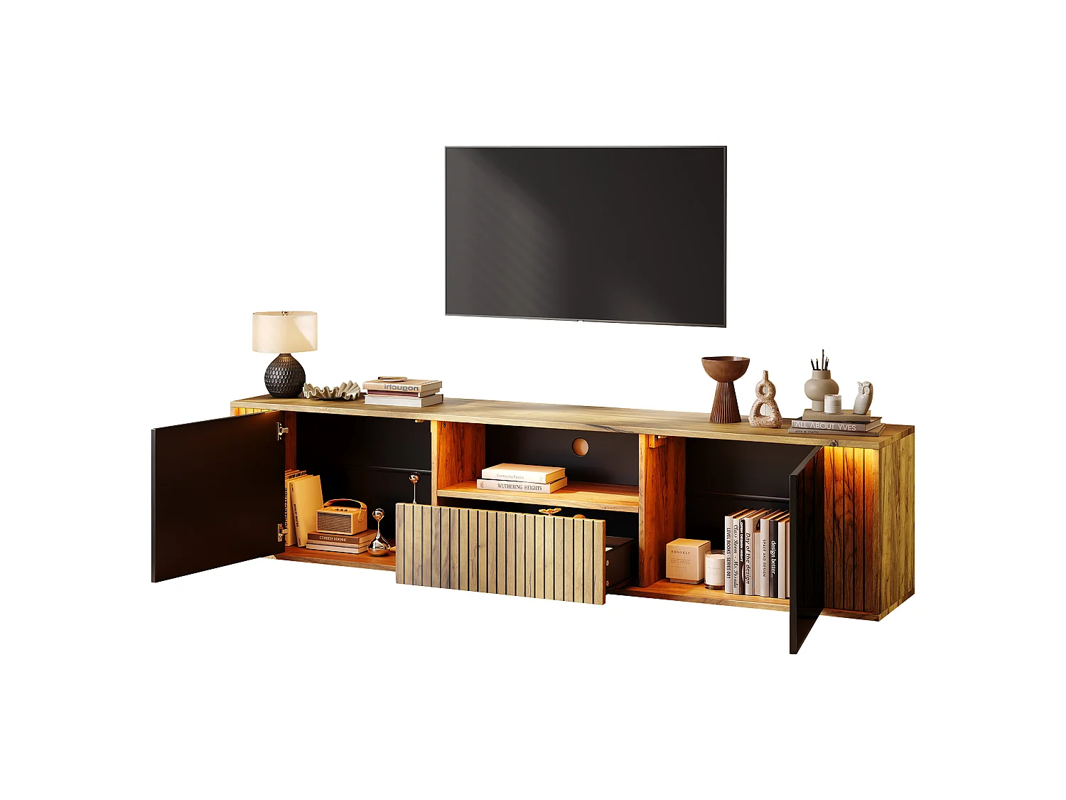 TV-möbel 180x40x51 cm - 2 dörrar och 1 låda - LED-belysning - Passar för TV upp till 75 tum - Svart + Natur