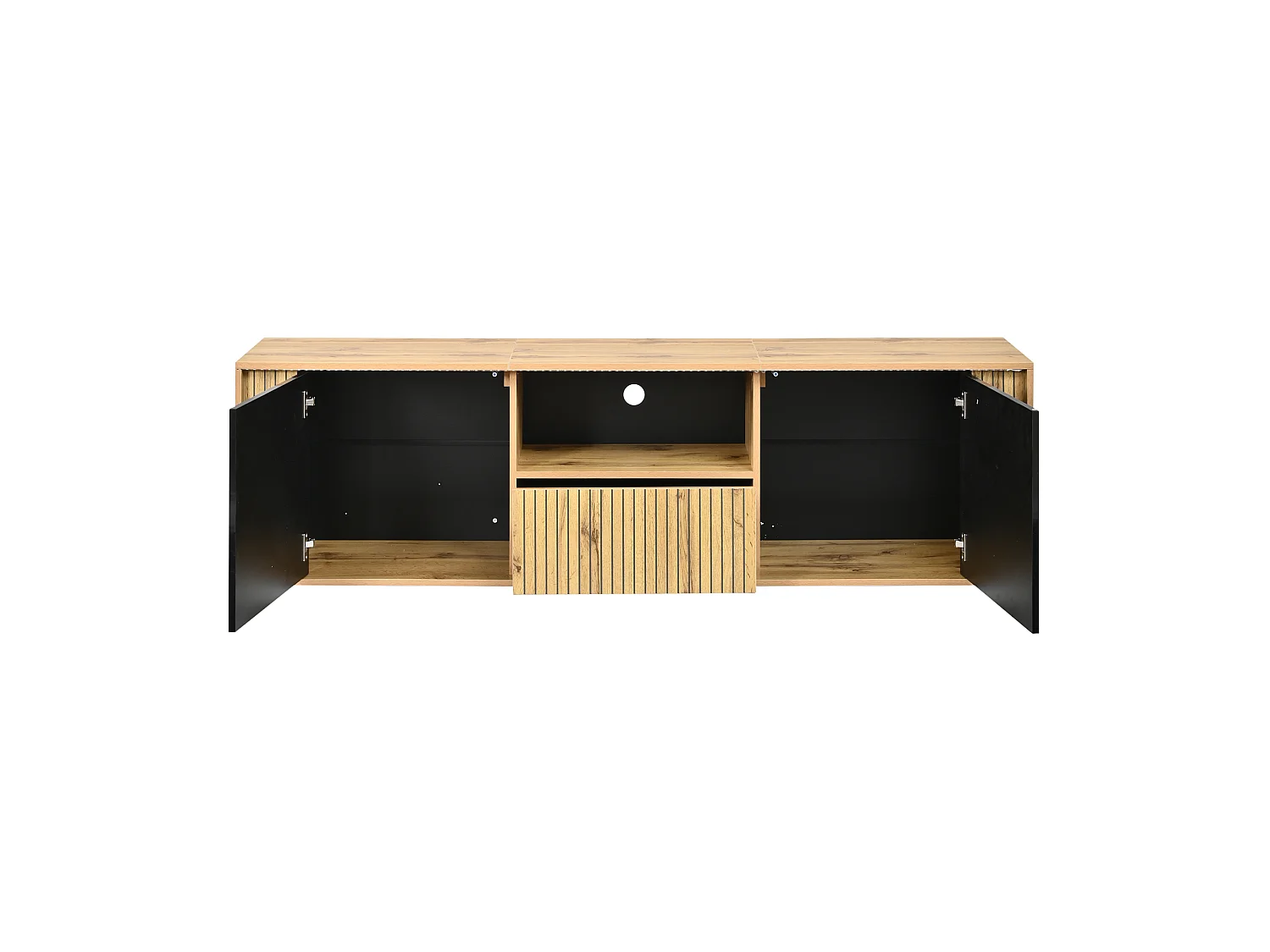 TV-möbel 180x40x51 cm - 2 dörrar och 1 låda - LED-belysning - Passar för TV upp till 75 tum - Svart + Natur