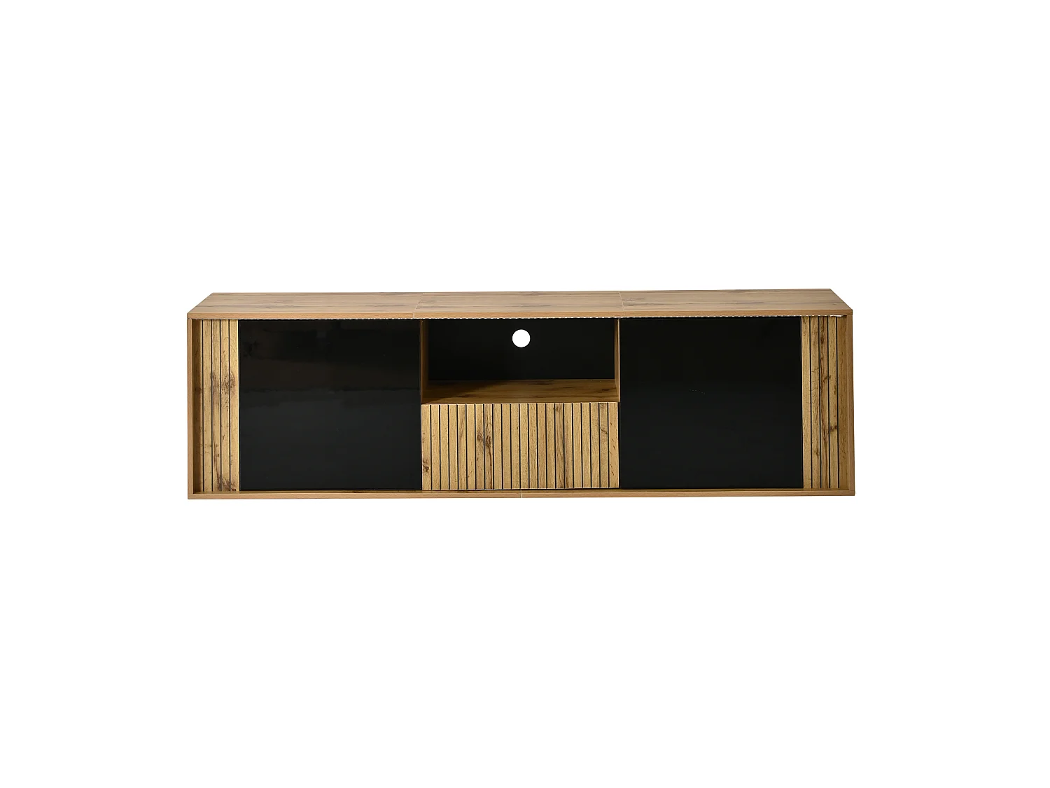 TV-möbel 180x40x51 cm - 2 dörrar och 1 låda - LED-belysning - Passar för TV upp till 75 tum - Svart + Natur