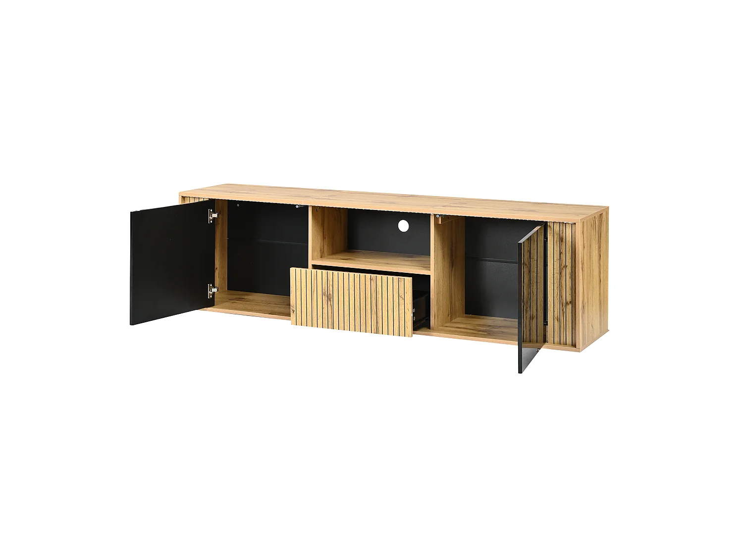 TV-möbel 180x40x51 cm - 2 dörrar och 1 låda - LED-belysning - Passar för TV upp till 75 tum - Svart + Natur