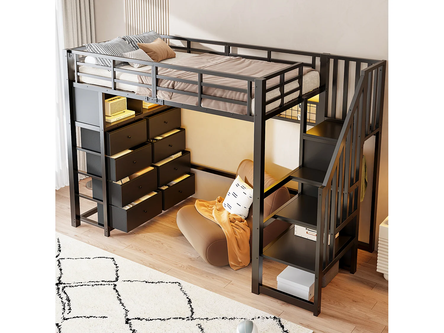 Lit mezzanine en métal 90x200 cm - avec 8 tiroirs et échelle de rangement - LED, étagères et panneau perforé - Noir (sans matelas)