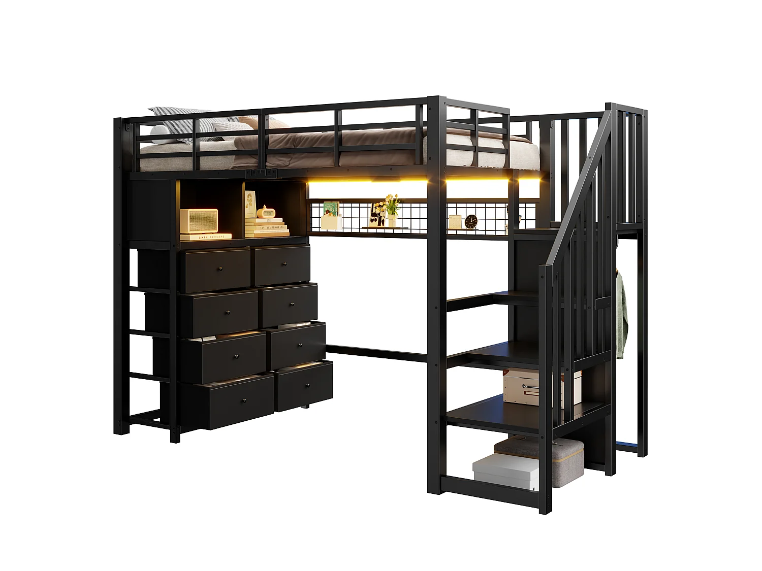 Lit mezzanine en métal 90x200 cm - avec 8 tiroirs et échelle de rangement - LED, étagères et panneau perforé - Noir (sans matelas)