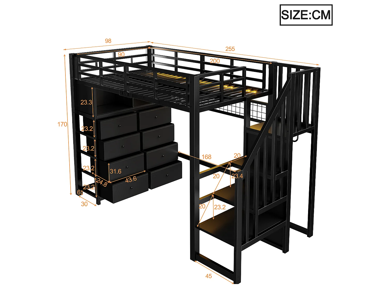 Lit mezzanine en métal 90x200 cm - avec 8 tiroirs et échelle de rangement - LED, étagères et panneau perforé - Noir (sans matelas)