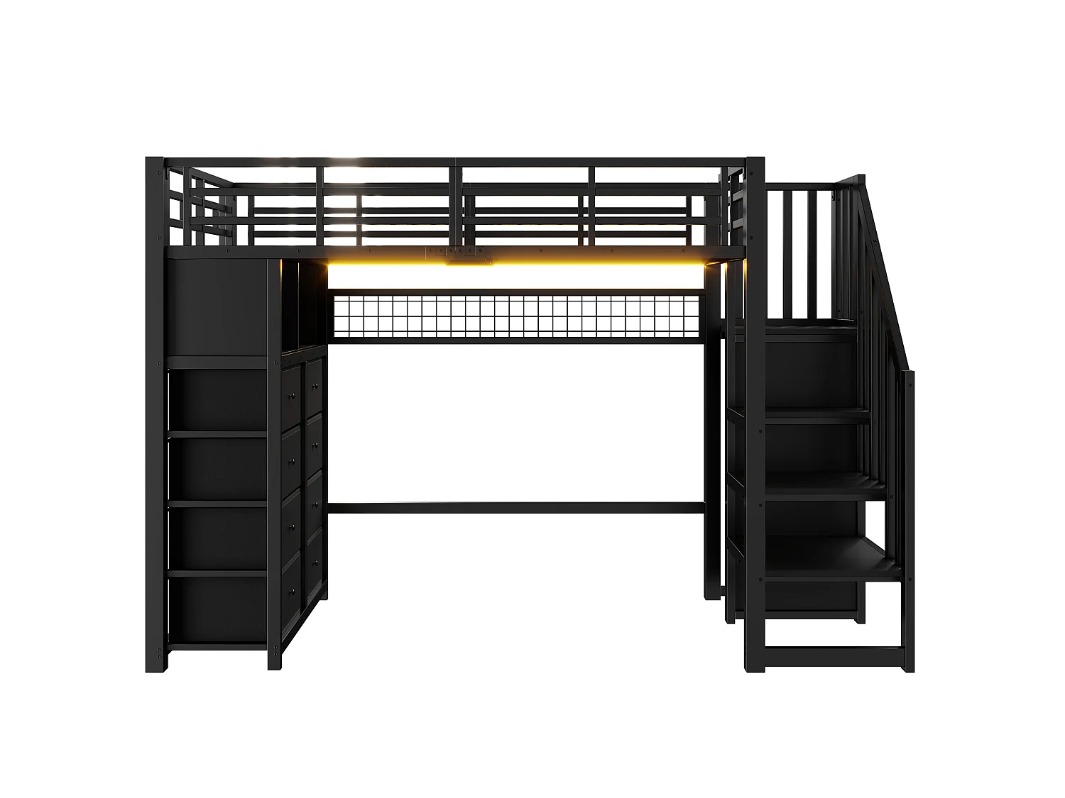 Lit mezzanine en métal 90x200 cm - avec 8 tiroirs et échelle de rangement - LED, étagères et panneau perforé - Noir (sans matelas)