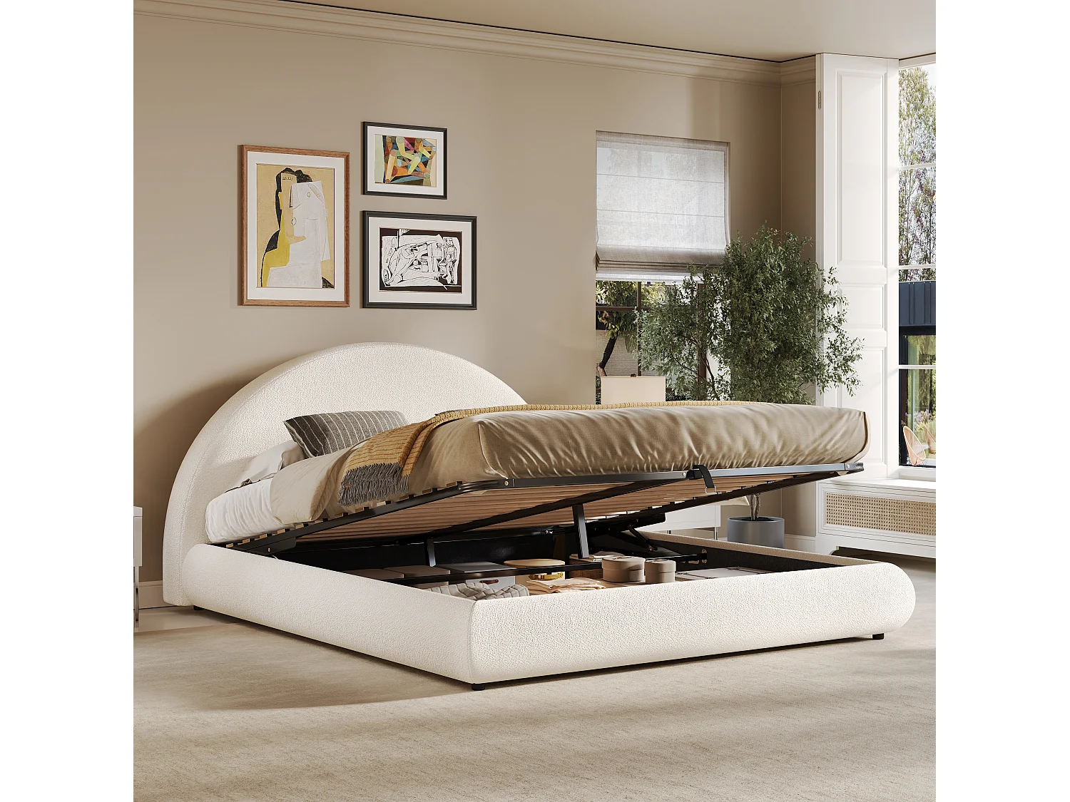 Upholstered storage bed 160x200 cm - With upholstered headboard - Under-bed storage - Bouclé fabric - Beige (mattress not included)