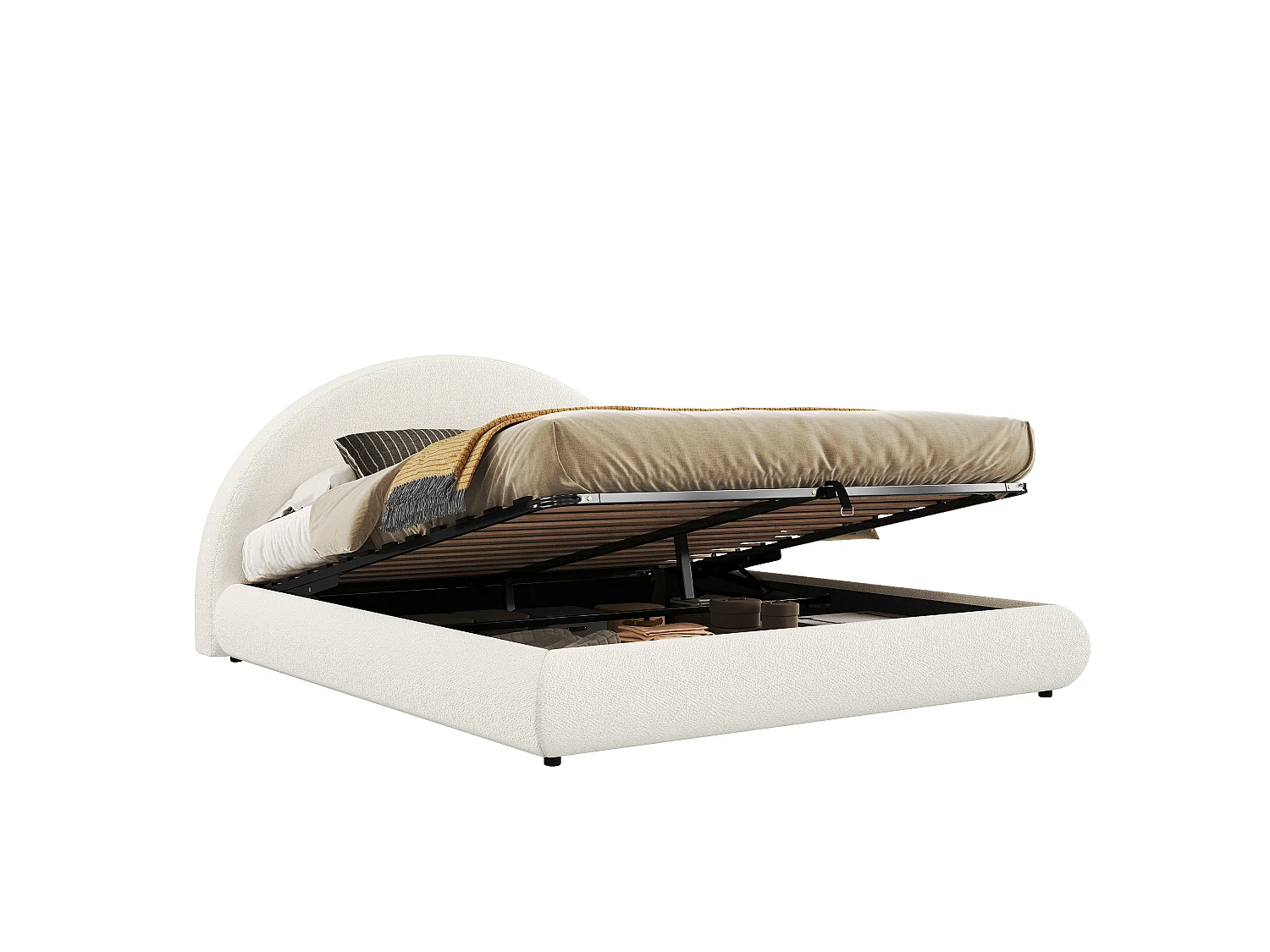 Upholstered storage bed 160x200 cm - With upholstered headboard - Under-bed storage - Bouclé fabric - Beige (mattress not included)