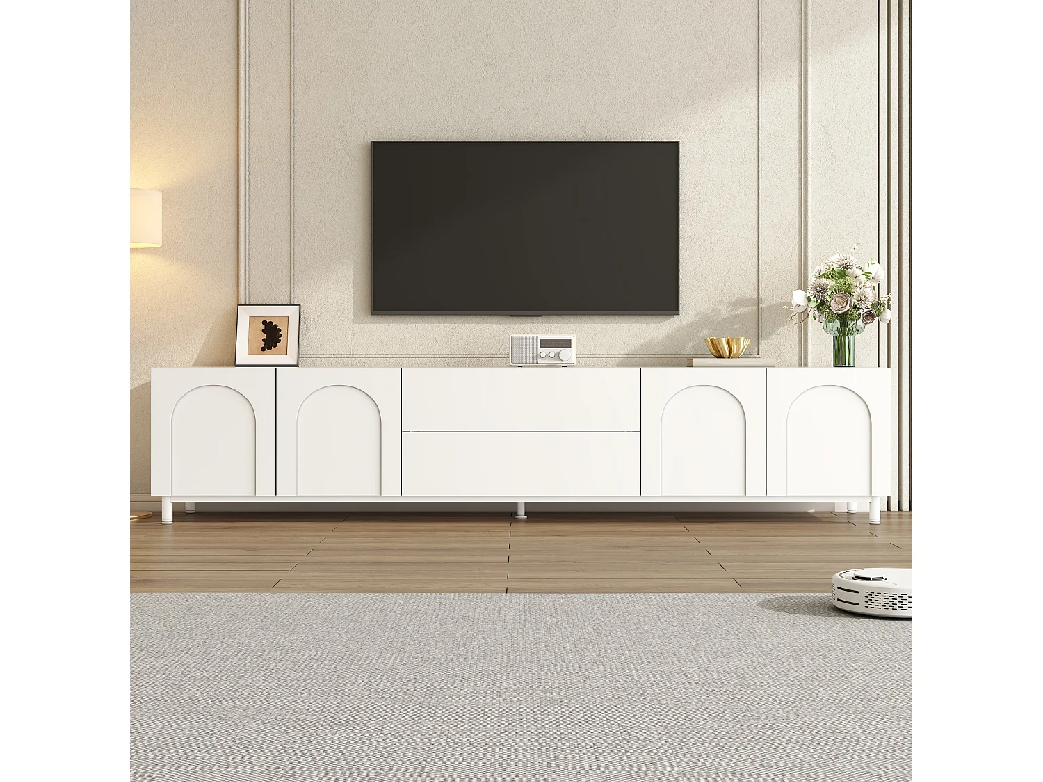 180 cm TV-möbel med 4 dörrar och 2 lådor, böjd dörrdesign - Spånskiva + MDF - 180 x 40 x 48 cm - Vit