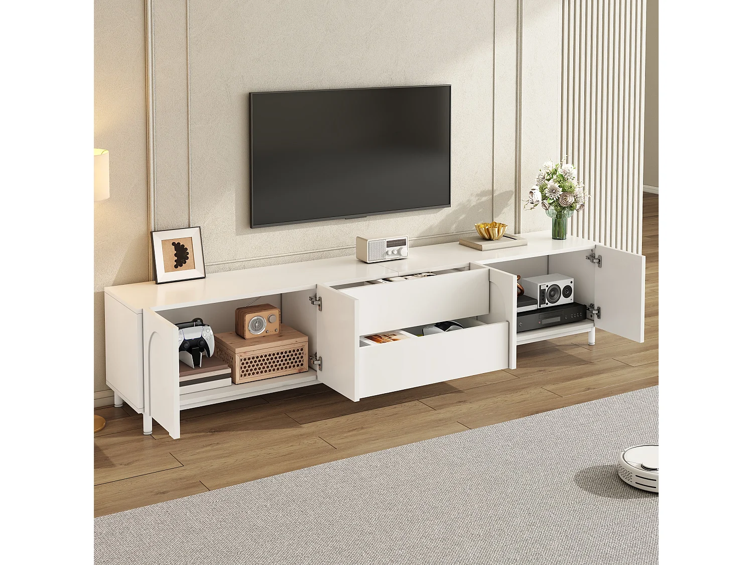 180 cm TV-möbel med 4 dörrar och 2 lådor, böjd dörrdesign - Spånskiva + MDF - 180 x 40 x 48 cm - Vit