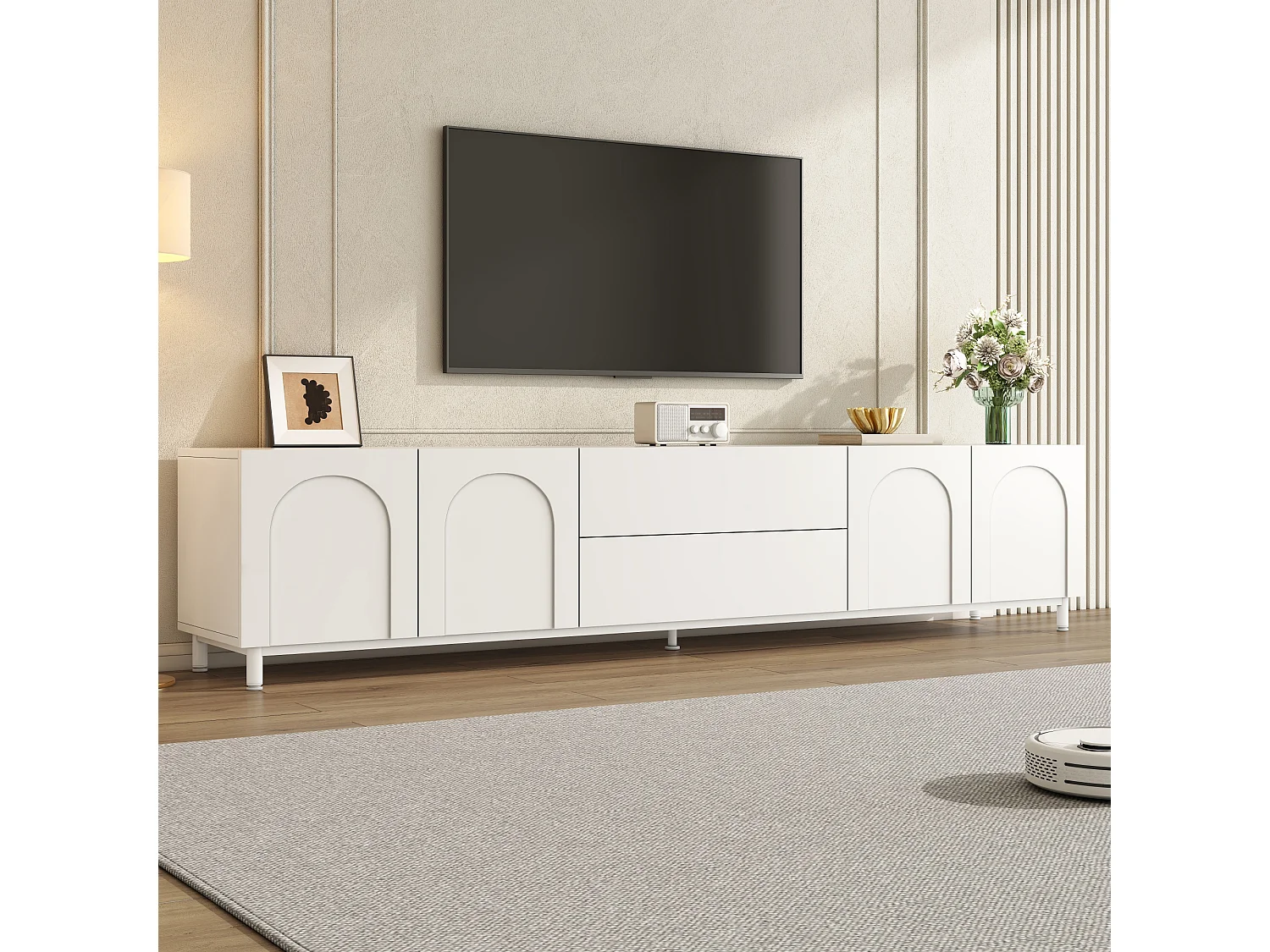180 cm TV-möbel med 4 dörrar och 2 lådor, böjd dörrdesign - Spånskiva + MDF - 180 x 40 x 48 cm - Vit