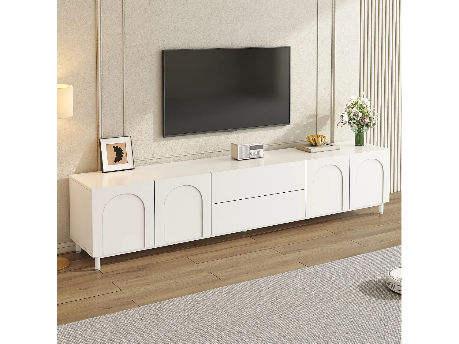 180 cm TV-möbel med 4 dörrar och 2 lådor, böjd dörrdesign - Spånskiva + MDF - 180 x 40 x 48 cm - Vit
