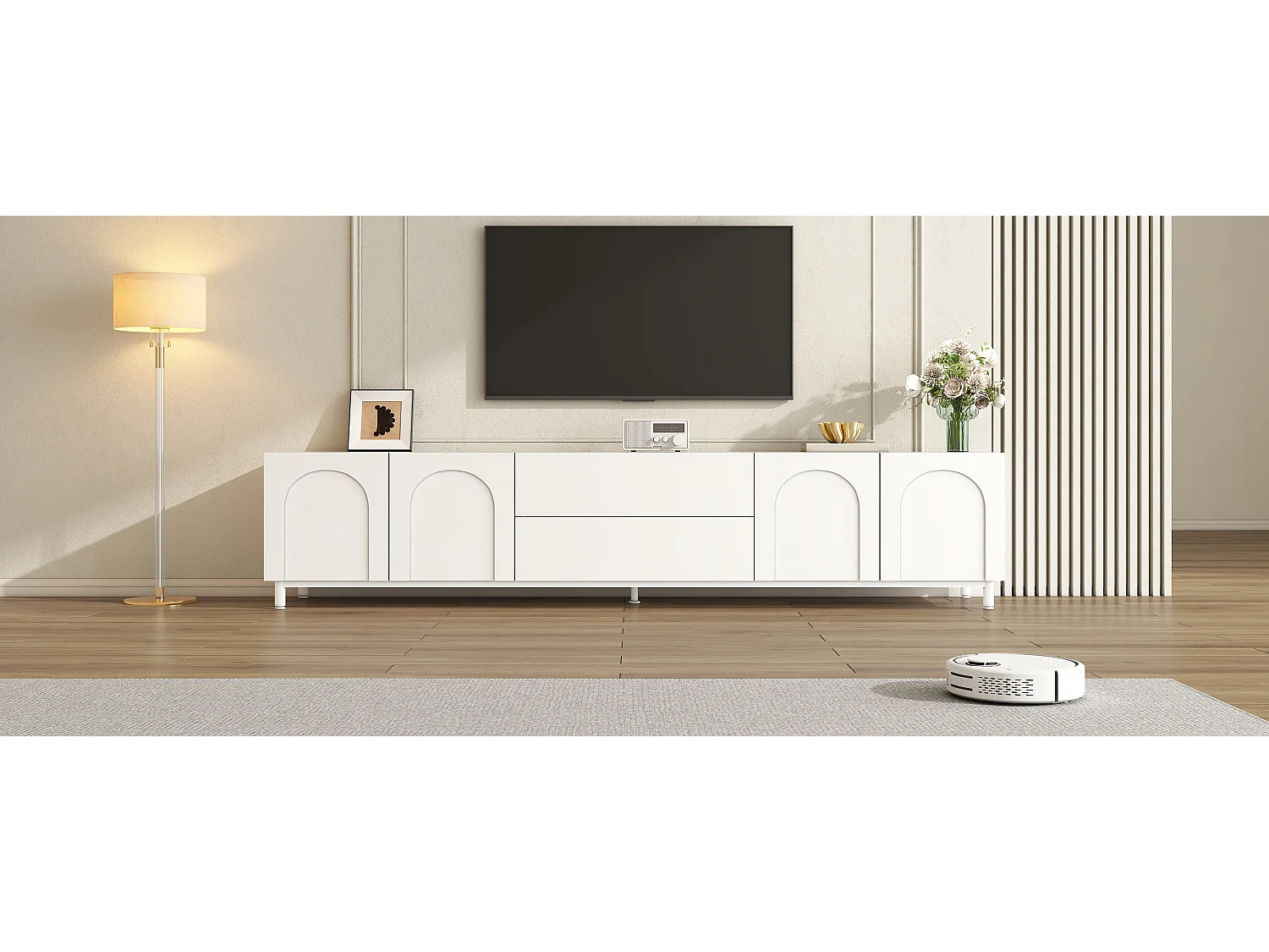 180 cm TV-möbel med 4 dörrar och 2 lådor, böjd dörrdesign - Spånskiva + MDF - 180 x 40 x 48 cm - Vit