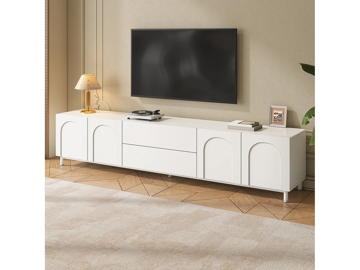 180 cm TV-möbel med 4 dörrar och 2 lådor, böjd dörrdesign - Spånskiva + MDF - 180 x 40 x 48 cm - Vit