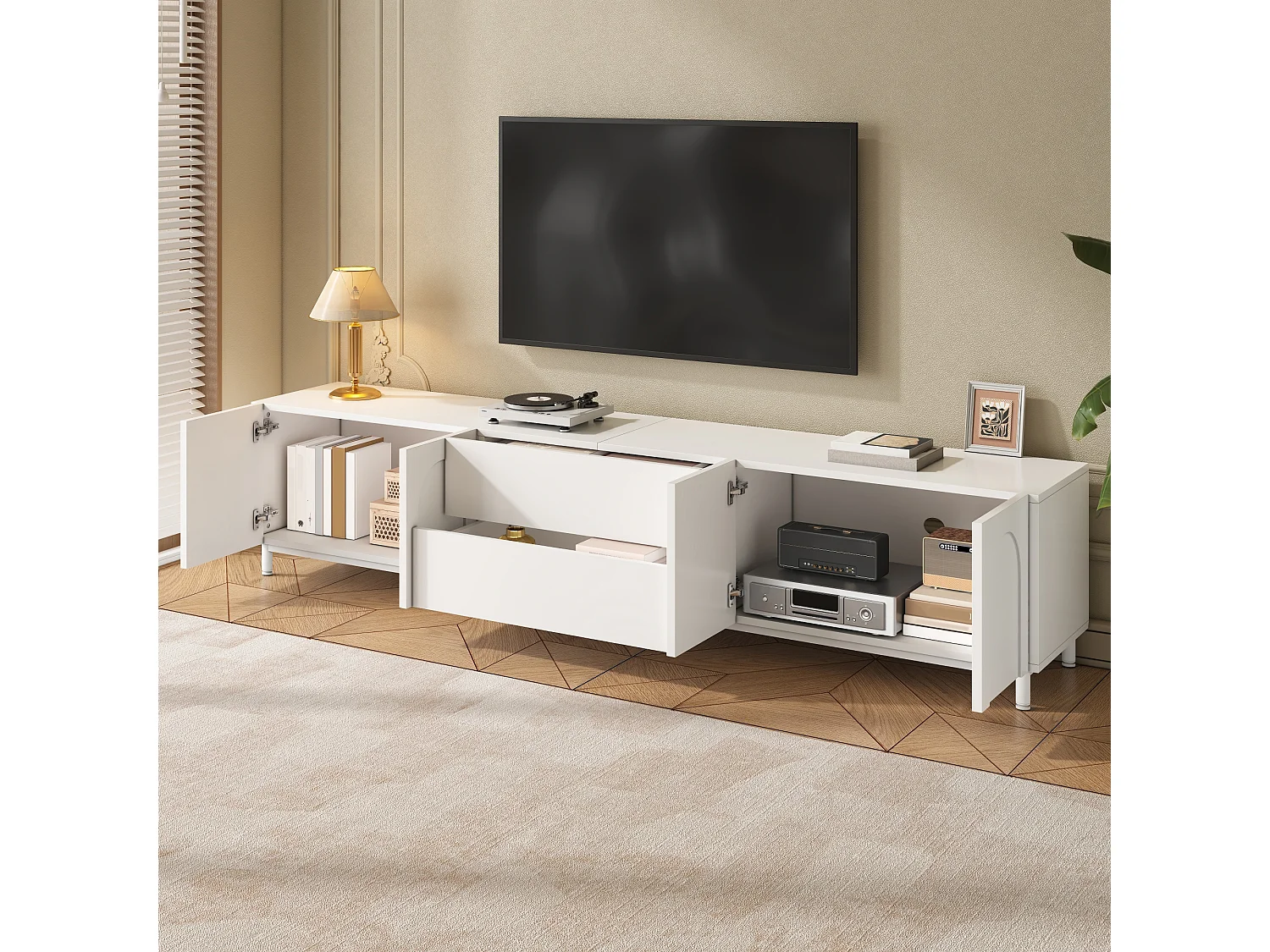 180 cm TV-möbel med 4 dörrar och 2 lådor, böjd dörrdesign - Spånskiva + MDF - 180 x 40 x 48 cm - Vit