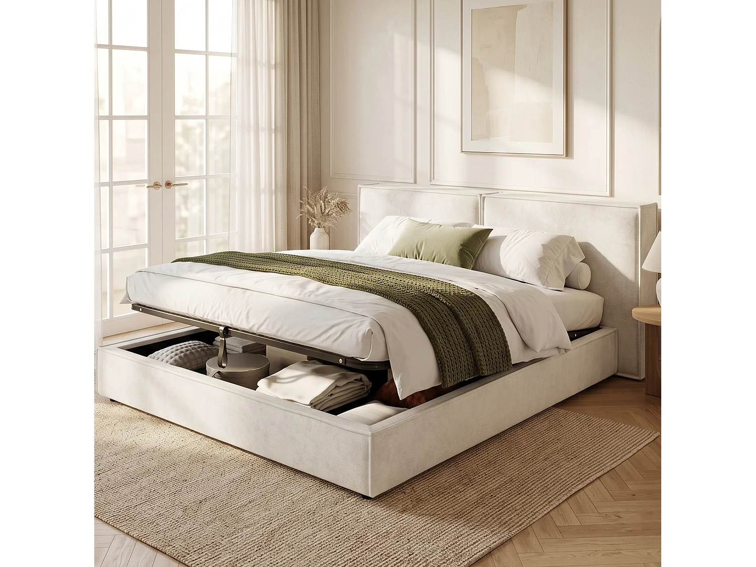 Lit coffre rembourré 180 x 200 cm - Avec coffre de rangement sous le lit - Tête de lit capitonnée - Tissu chenille - Beige  (sans matelas)