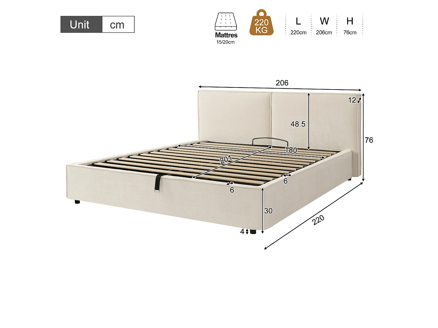 Lit coffre rembourré 180 x 200 cm - Avec coffre de rangement sous le lit - Tête de lit capitonnée - Tissu chenille - Beige  (sans matelas)