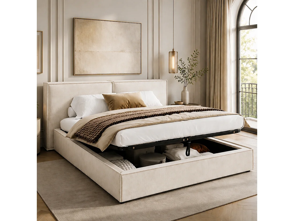 Lit coffre rembourré 180 x 200 cm - Avec coffre de rangement sous le lit - Tête de lit capitonnée - Tissu chenille - Beige  (sans matelas)