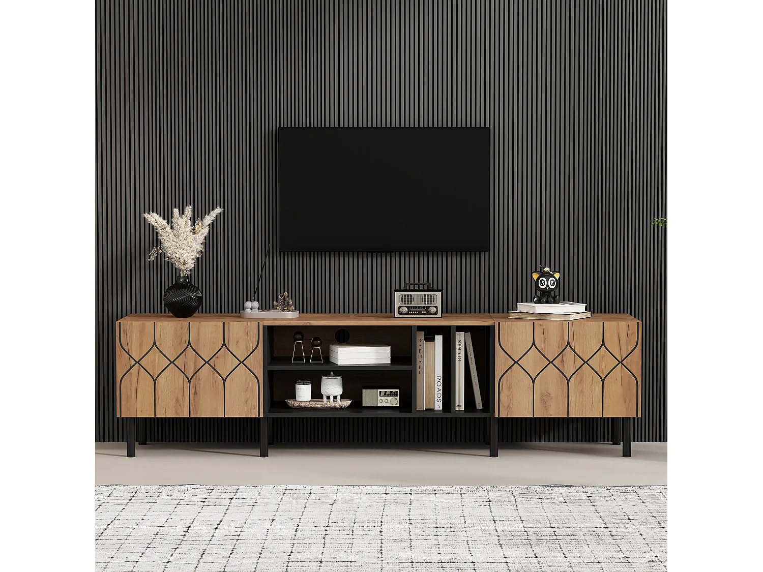 TV-Ständer mit 2 grifflosen Türen und 4 offenen Regalböden – Spanplatte/MDF – 180 x 40 x 50 cm – Naturholz + Schwarz