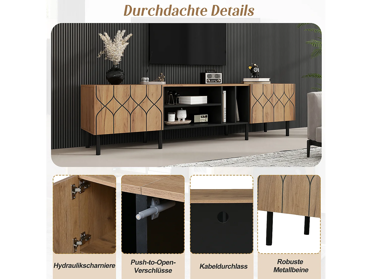 TV-Ständer mit 2 grifflosen Türen und 4 offenen Regalböden – Spanplatte/MDF – 180 x 40 x 50 cm – Naturholz + Schwarz