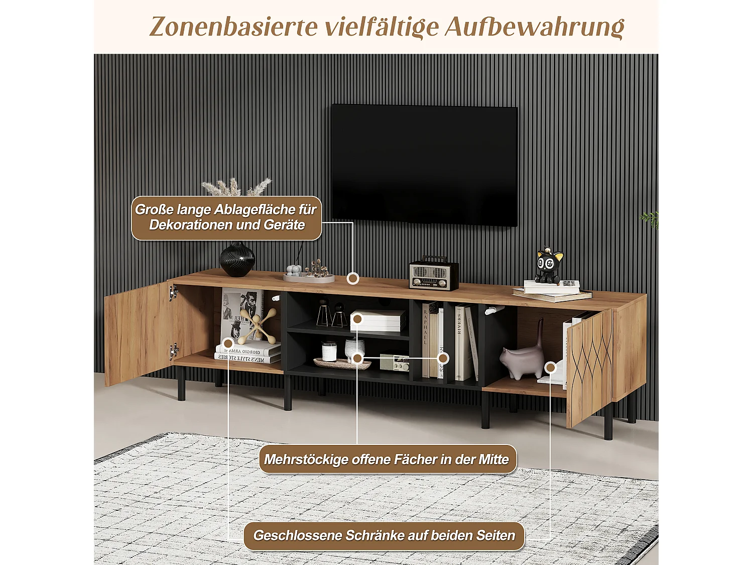 TV-Ständer mit 2 grifflosen Türen und 4 offenen Regalböden – Spanplatte/MDF – 180 x 40 x 50 cm – Naturholz + Schwarz