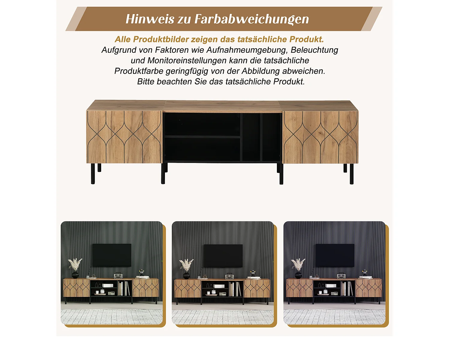 TV-Ständer mit 2 grifflosen Türen und 4 offenen Regalböden – Spanplatte/MDF – 180 x 40 x 50 cm – Naturholz + Schwarz