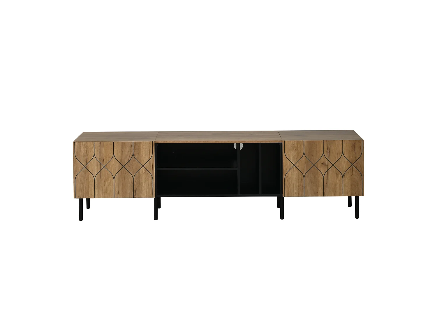 TV-Ständer mit 2 grifflosen Türen und 4 offenen Regalböden – Spanplatte/MDF – 180 x 40 x 50 cm – Naturholz + Schwarz