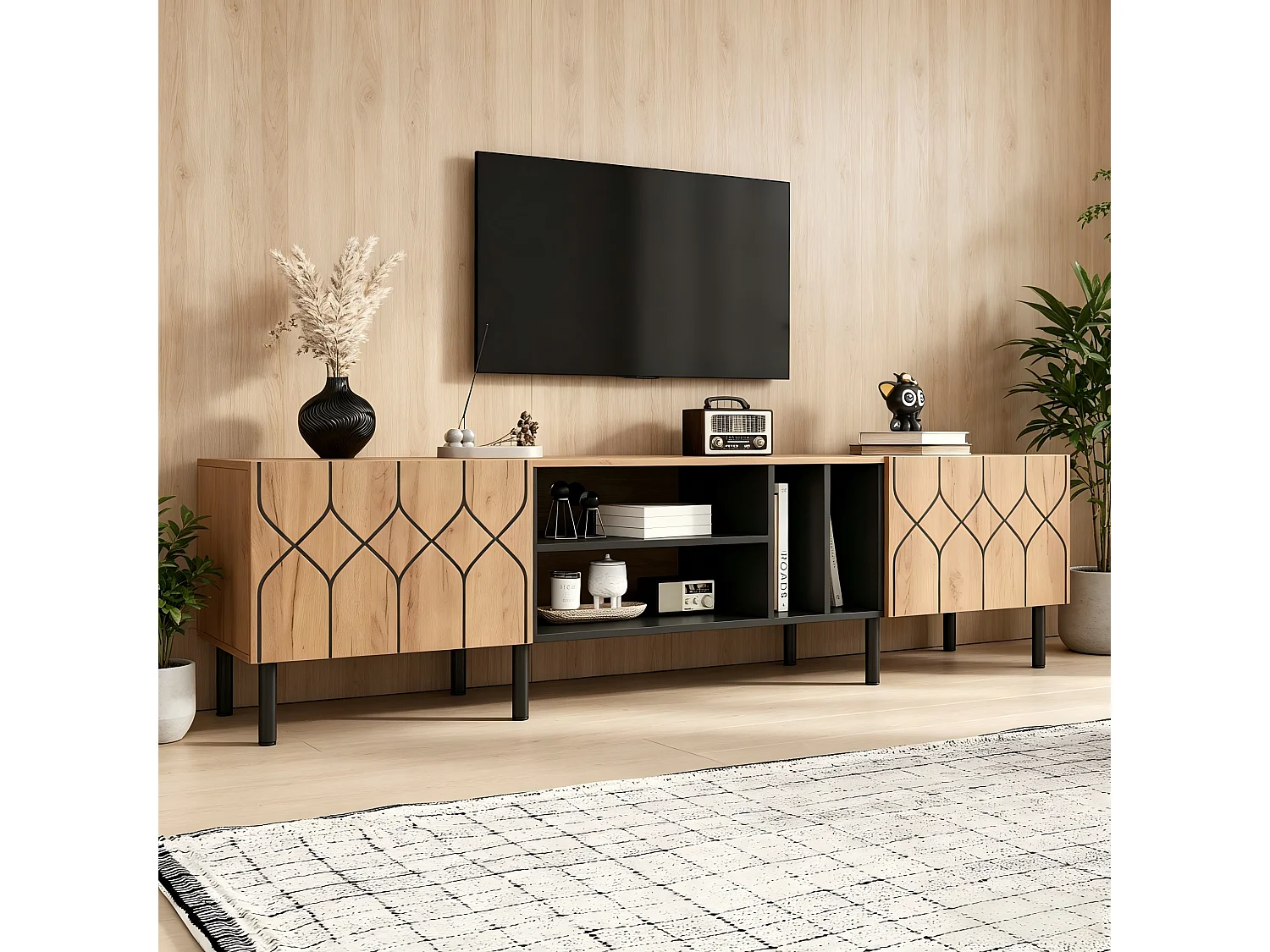 TV-Ständer mit 2 grifflosen Türen und 4 offenen Regalböden – Spanplatte/MDF – 180 x 40 x 50 cm – Naturholz + Schwarz