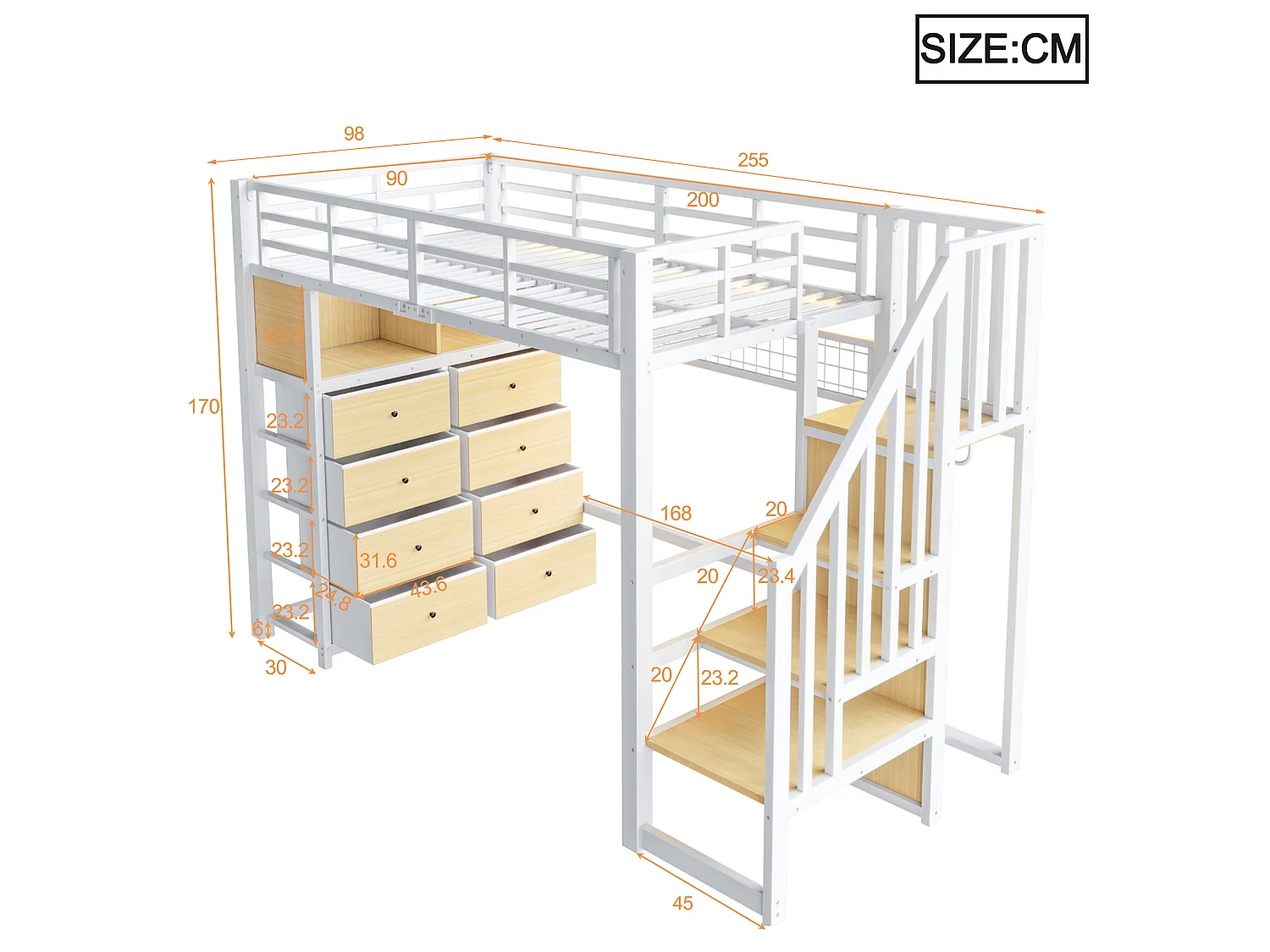 Cama mezzanine de metal 90x200 cm - con 8 cajones y escalera de almacenamiento - LED, estantes y panel perforado - Blanca (sin colchón)
